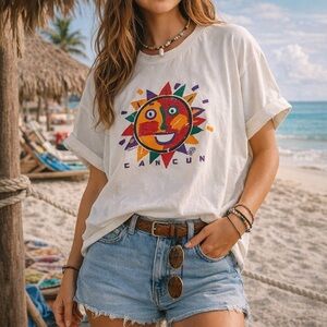 Vintage Cancun Mexico Sun Face Graphic T-Shirt XL Miro Toucan‎ Tag White Tee